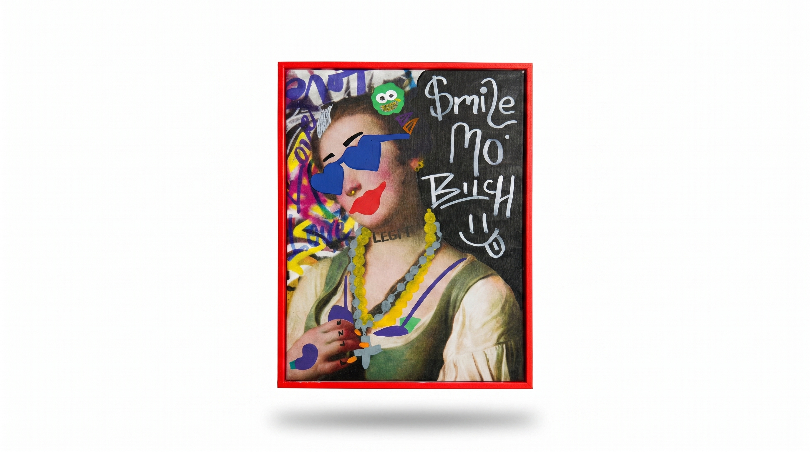 A framed art print featuring a colorful portrait of a woman with blue sunglasses, red lips, and a green frog accent, with the text '$mile Mo: Buck $' on a black background, set against a plain white backdrop.